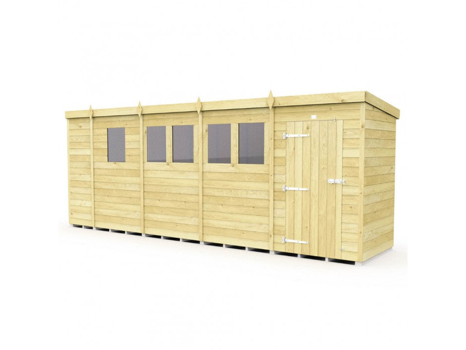 The ShedsDIY Pent Shed 4ft wide is a wooden modular garden room featuring a flat roof, five square windows in a row, and a door on the right side. It boasts tongue and groove cladded panels for elegance and durability, with a light natural wood finish and metal door hinges.