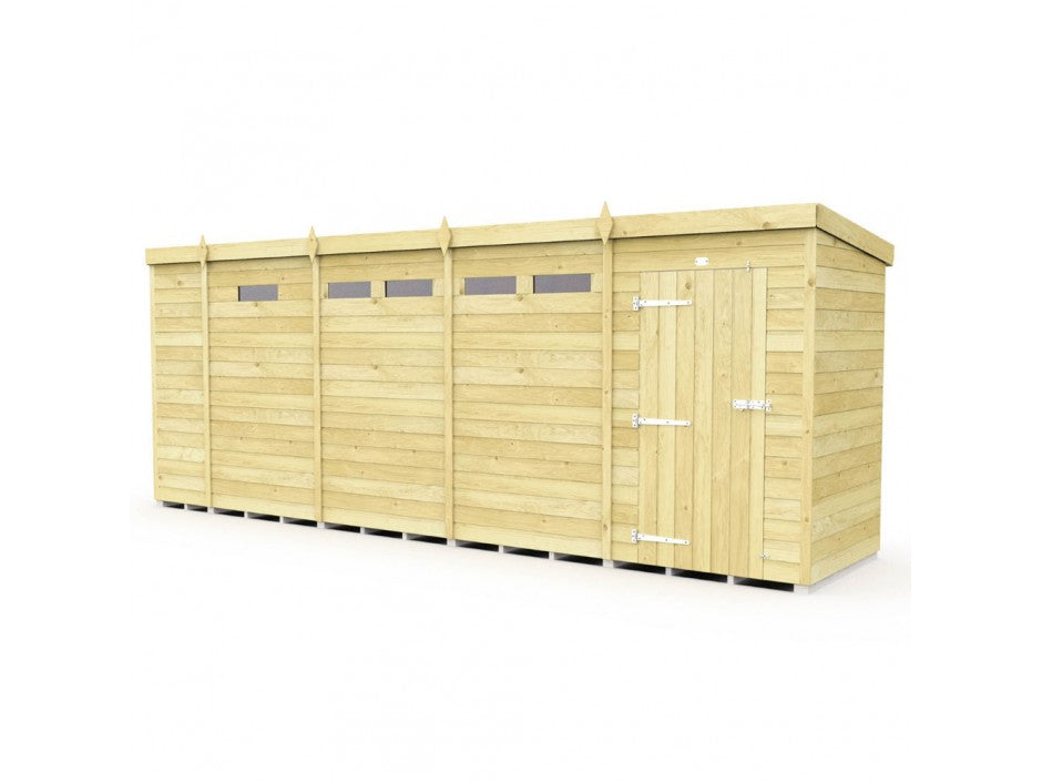 The Pent Shed 4ft wide by ShedsDIY is a large, rectangular wooden storage building with a flat roof and five horizontal windows. It features light-colored tongue and groove cladded panels and includes a single right-side door with a metal handle and latch, embodying the classic Pent Shed style.