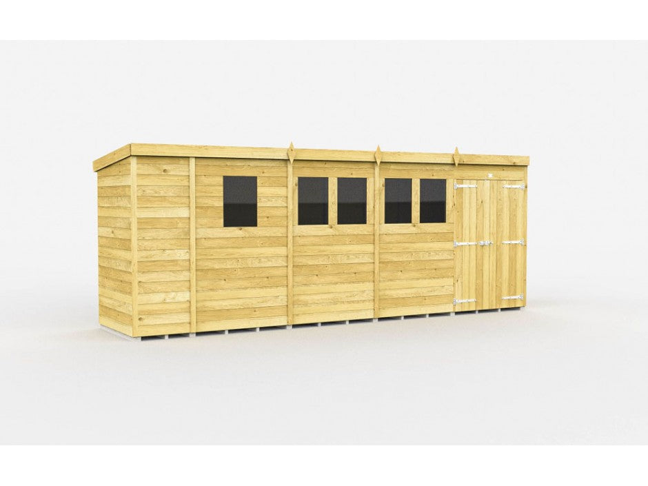 The ShedsDIY Pent Shed 4ft wide features durable tongue and groove panels, ample storage, four evenly spaced windows, and a right-side door with metal hinges and handles beneath a sleek flat roof.