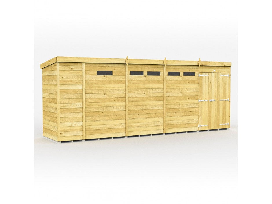 The Pent Shed 4ft wide by ShedsDIY is a long wooden garden storage shed with a flat roof, three small rectangular windows, and a double door on the right. Crafted from tongue-and-groove cladded panels, it blends seamlessly into a plain, light background.