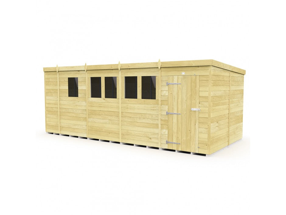 The ShedsDIY Pent Shed 8ft wide provides superb garden storage with a rectangular shape, five horizontal windows, and a right-side closed door. Its light-toned, unfinished wood is enhanced by durable tongue-and-groove paneling.