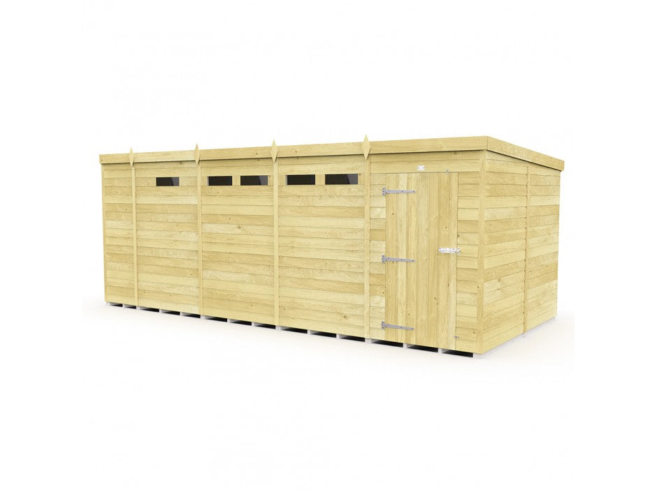 The ShedsDIY Pent Shed, 8ft wide, is a robust wooden storage solution with tongue and groove horizontal planks and a flat roof. It features a single door with a metal handle, side hinges, and rectangular windows at the top against a plain white background.
