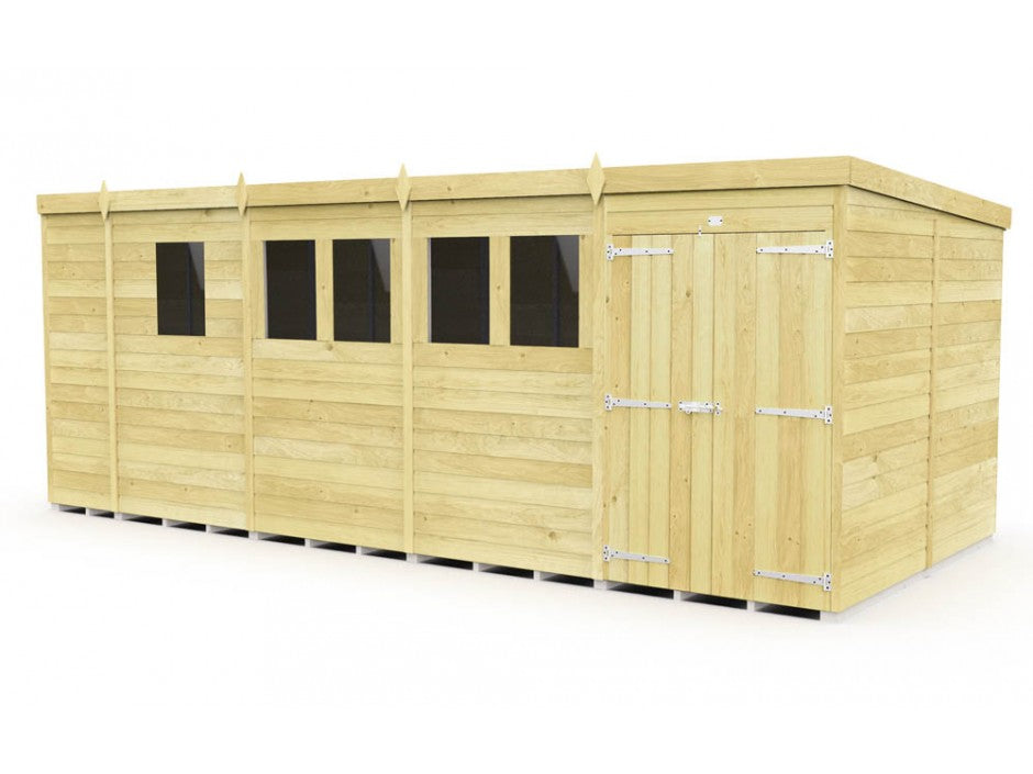 The ShedsDIY Pent Shed, 8ft wide, is a spacious rectangular wooden garden shed with a flat roof. It features several windows and double doors secured with metal hinges. The light-colored tongue and groove wood enhances its sturdy design against a white backdrop.