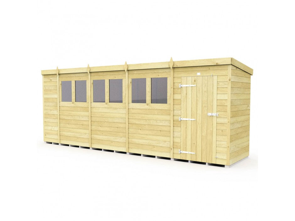 The ShedsDIY Pent Shed 4ft wide is a wooden structure featuring six rectangular windows, a right-side door, and tongue-and-groove cladded panels. With its flat roof and horizontal planks, it's ideal for garden storage. Perfectly displayed against a white background.