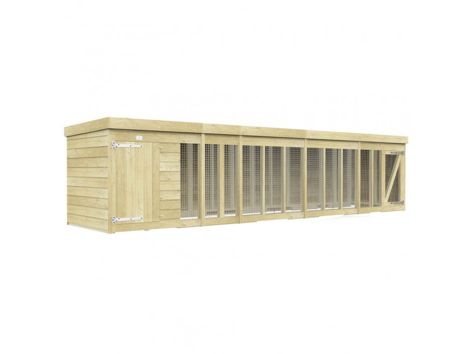 The ShedsDIY Dog Kennel is large and wooden, treated with water-based finish for durability. It includes multiple mesh sections, a solid roof, and a secure door on the left side. Designed for outdoor use, it offers spacious shelter and ventilation ideal for dogs in outside settings.