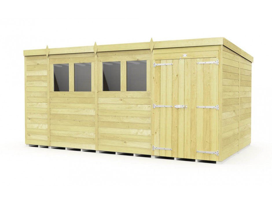 The ShedsDIY Pent Shed 8ft wide provides garden storage with a light natural finish, featuring four rectangular windows on the left, a double door with metal hinges on the right, and is crafted with tongue and groove craftsmanship. Its flat roof design elegantly tops the black base.