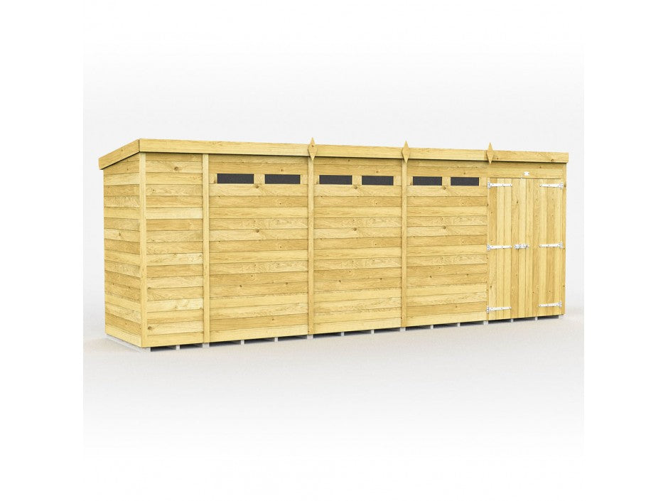 The ShedsDIY Pent Shed 4ft Wide features horizontal tongue and groove panels, a row of four small rectangular windows near the top, a double door with metal hinges and handles on the right, a flat roof, and a natural wood finish—ideal for any garden.