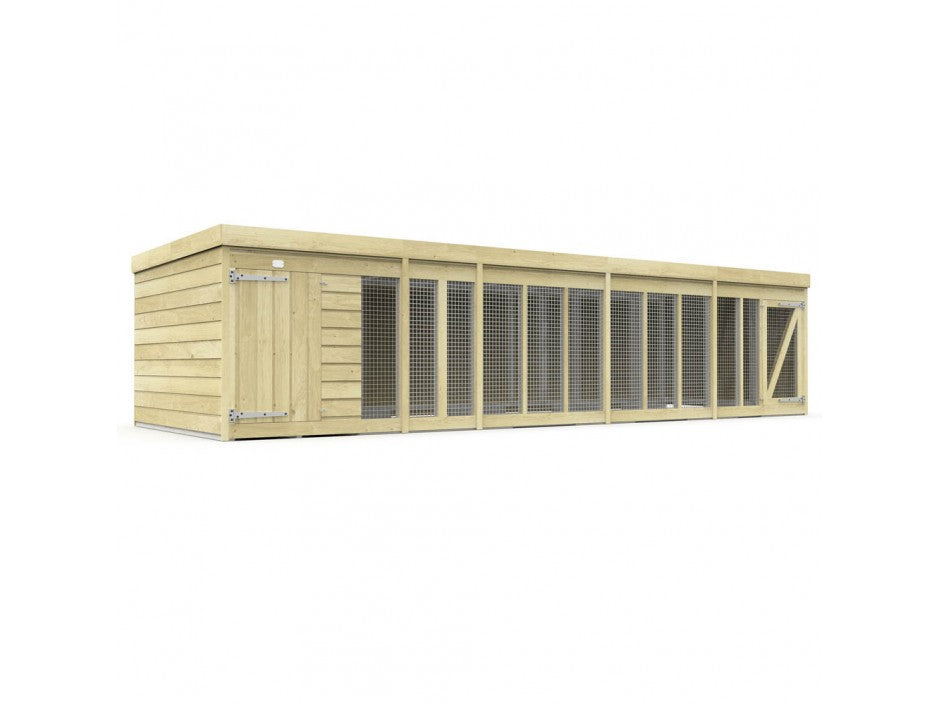 The ShedsDIY Dog Kennel, made of long wood with a water-based finish, includes multiple mesh panels for ventilation and a sturdy wooden door on the left. It features a flat roof and natural wood aesthetics, making it an ideal outdoor shelter for your pets.