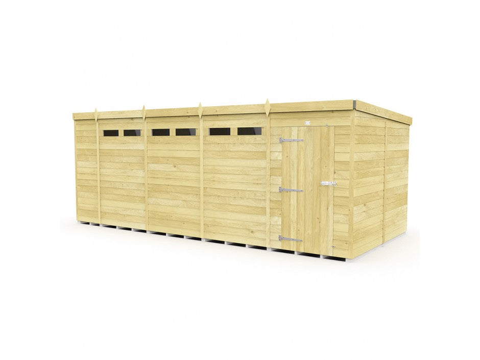 The ShedsDIY Pent Shed 8ft wide is a spacious, light-colored wooden shed with a flat roof and high-set small windows. It showcases tongue and groove craftsmanship, has a single door with metal hinges and latch, ideal for garden storage. Set against a white background, it highlights its sleek design.