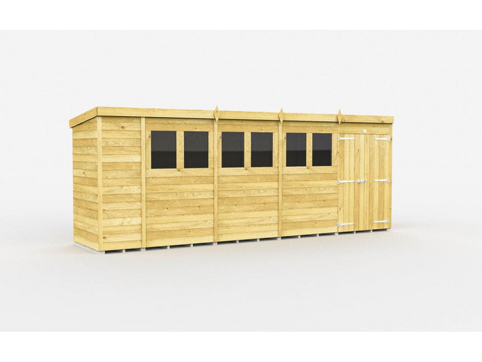 The ShedsDIY Pent Shed 4ft wide is a wooden garden storage building with a flat roof, six small square windows, and a right-side door. It features horizontal tongue and groove cladded panels with silver hinged doors.