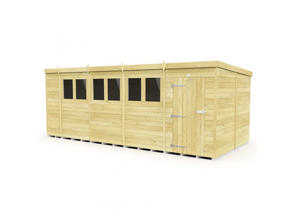 The ShedsDIY Pent Shed 8ft wide is a spacious wooden garden shed designed for extensive storage. It features six windows in a row on one side, a single door with a metal latch, and is crafted from light-colored wooden panels using the tongue and groove method, topped with a flat roof.