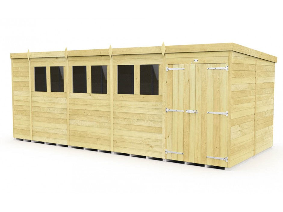 The ShedsDIY Pent Shed, 8ft wide, is crafted from light-toned tongue and groove wood with a flat roof. It features several rectangular windows, a double door with metal hinges and latches, making it ideal for garden storage.