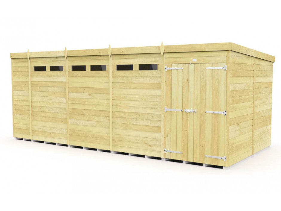 The ShedsDIY Pent Shed, 8ft wide, is a rectangular light wooden shed with tongue and groove construction. It has a flat roof, right-side metal-hinged door, and small horizontal windows on the longer side, ideal for garden storage.