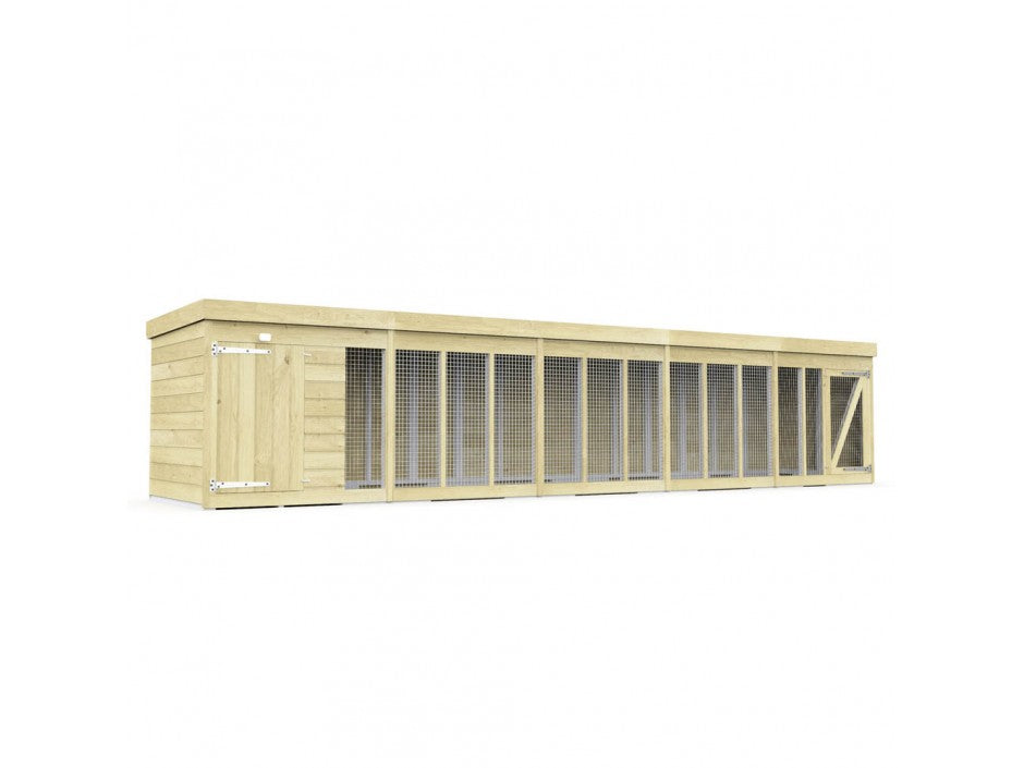 The ShedsDIY Dog Kennel is a long wooden outdoor shelter with mesh sides and a solid roof, perfect for birds or rabbits. It features a hinged left door, slanted right door, and water-based treatment for durability similar to a quality dog kennel and run.