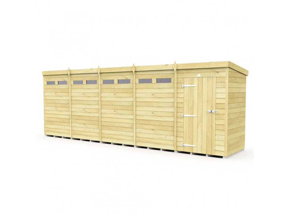 The ShedsDIY Pent Shed, 4ft wide, features a long rectangular design with a flat roof and vertical siding. It includes tongue and groove cladded panels, a single door on the right, small square windows along the top, and light-colored wood enhancing its charm against a white background.