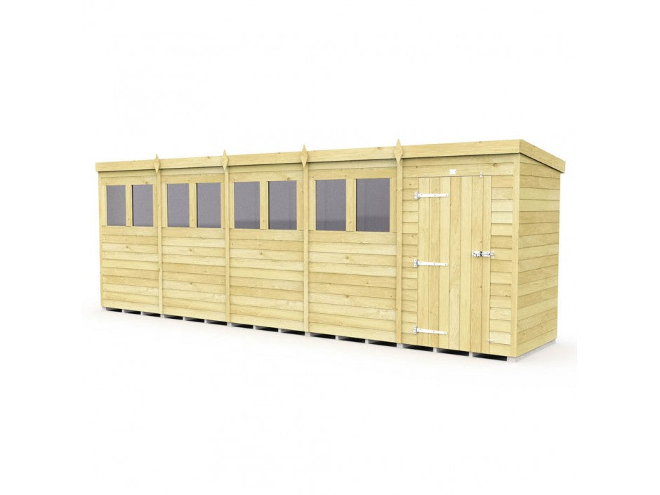 The ShedsDIY Pent Shed 4ft wide is a wooden garden storage building with a pent roof and tongue-and-groove cladded panels. Featuring a long, rectangular design, it includes five windows and a right-side door with metal hinges and latches in light-colored wood paneling.