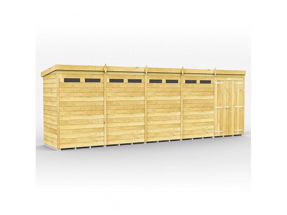 The ShedsDIY Pent Shed 4ft wide is a large wooden garden storage building with tongue and groove cladded panels, featuring a row of small rectangular windows at the top, a flat roof, and a set of double doors on the right made from light-colored wood panels.