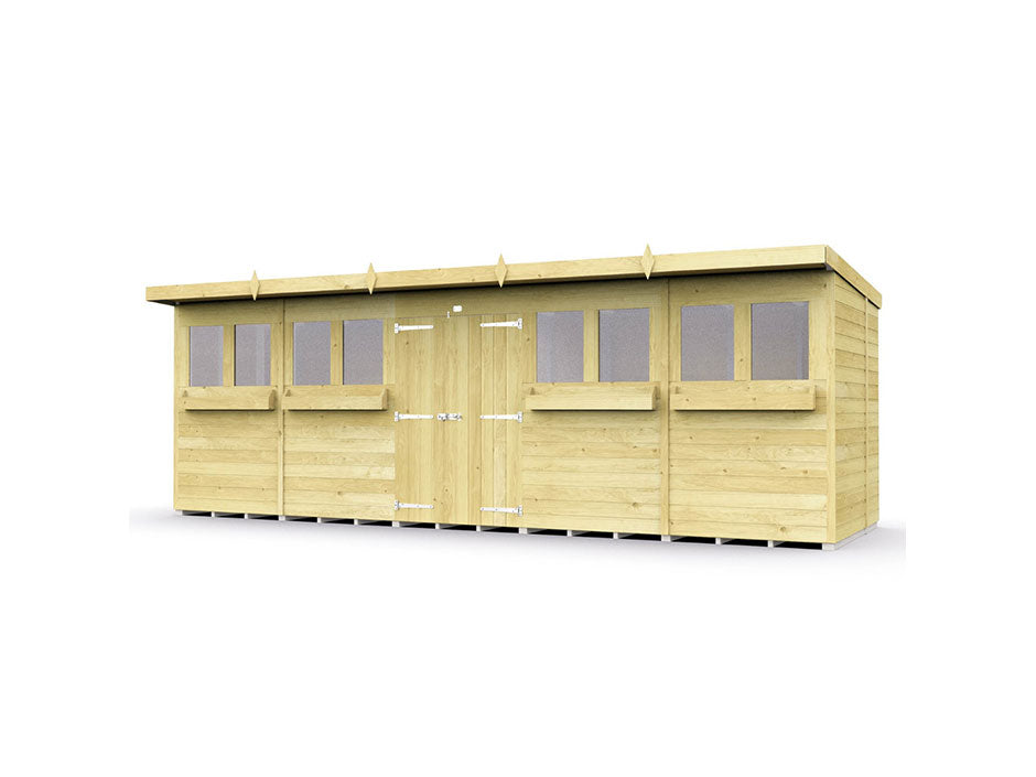The ShedsDIY Pent Summer Shed is a long, wooden garden shed with a flat roof, featuring durable tongue and groove construction. It has five small windows, a central double door for convenience, and its natural wood color offers a charming, rustic appearance—perfect for garden storage.