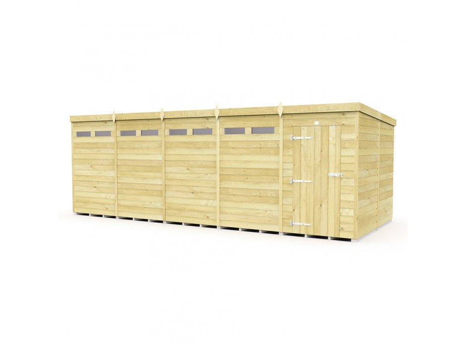 The ShedsDIY Pent Shed 8ft wide is a large wooden shed with a flat roof and horizontal plank design. It features four rectangular windows at the top and a right-side door with metal hinges. Crafted using tongue and groove technique, it enhances garden storage against a white backdrop.
