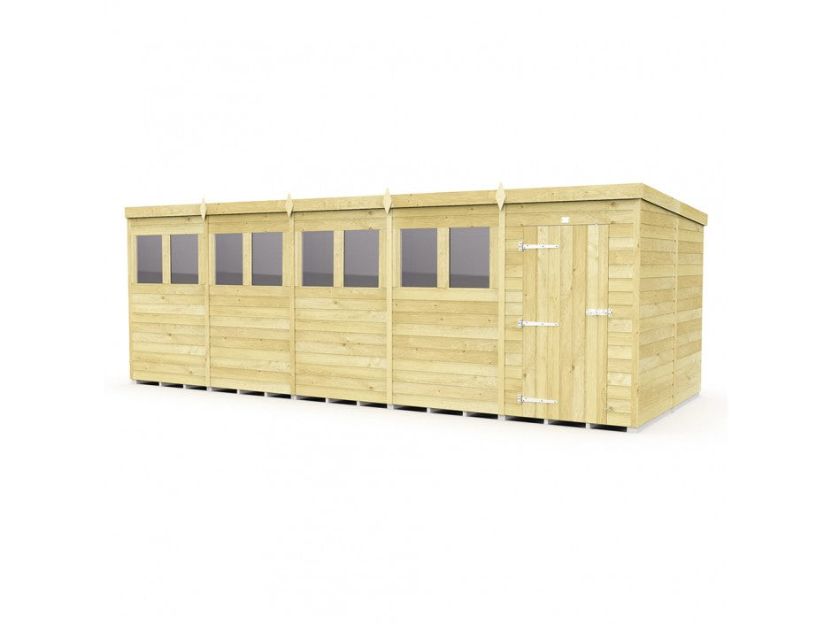 The ShedsDIY Pent Shed 8ft wide is a spacious wooden garden workshop, boasting a flat roof, multiple rectangular windows, and a single door with metal hinges. Crafted from light-colored wood using tongue and groove techniques, it's perfect for garden storage needs.