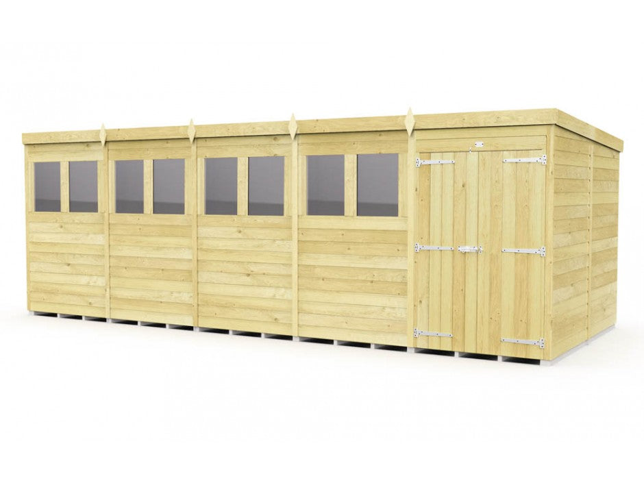 The Pent Shed 8ft wide by ShedsDIY is a spacious wooden garden shed with a flat roof and multiple windows on one side, ideal for storage. Its tongue and groove design ensures durability, while the right-side double-door entrance with metal hinges and handles adds rustic charm.