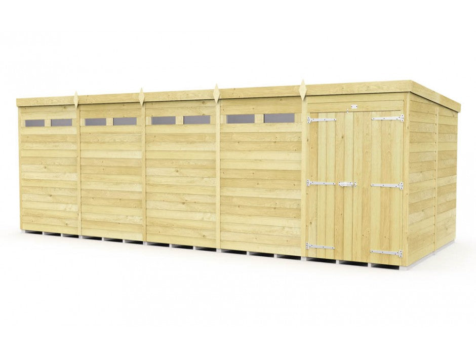 The ShedsDIY Pent Shed 8ft wide is a large rectangular wooden shed featuring tongue and groove panels, small windows near the top, a right-side double door with metal hinges, and a flat Pent Shed roof for optimal garden storage.