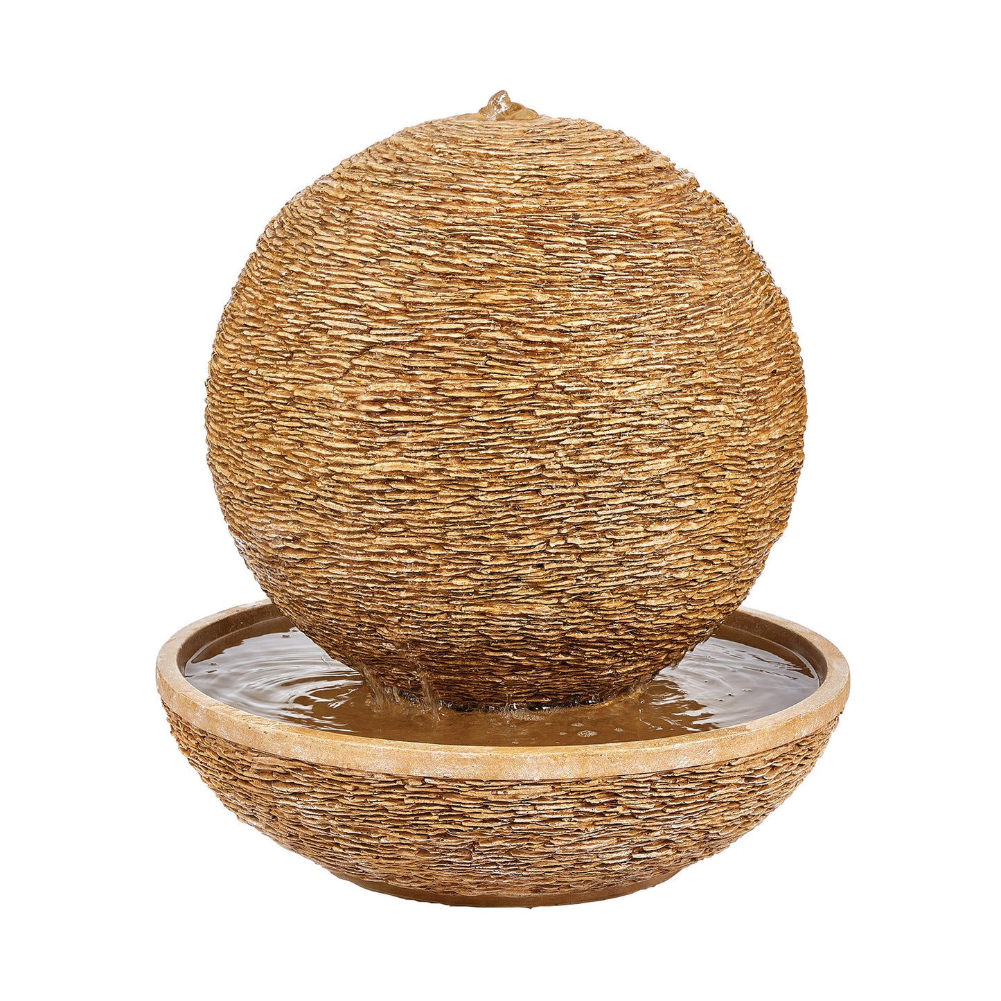 The La Hacienda Cotswold Sun is a modern water feature that combines rustic charm with sleek design. It features a textured, spherical fountain made of glassfibre reinforced concrete, which rests on a circular basin filled with water. Water gently flows from the top of the sphere down into the basin.