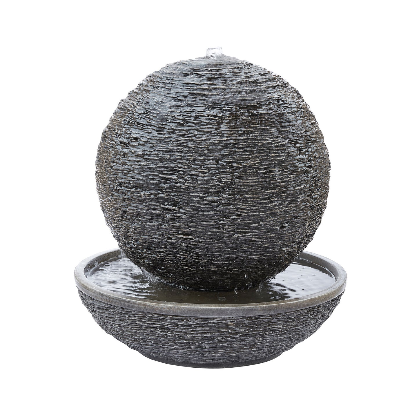 The Mysterious Moon by La Hacienda is a contemporary outdoor water feature made from Glassfibre Reinforced Concrete, presenting a textured, spherical stone design. Water flows gently from the top into a shallow circular basin, with the surface featuring a layered, slate-like appearance.