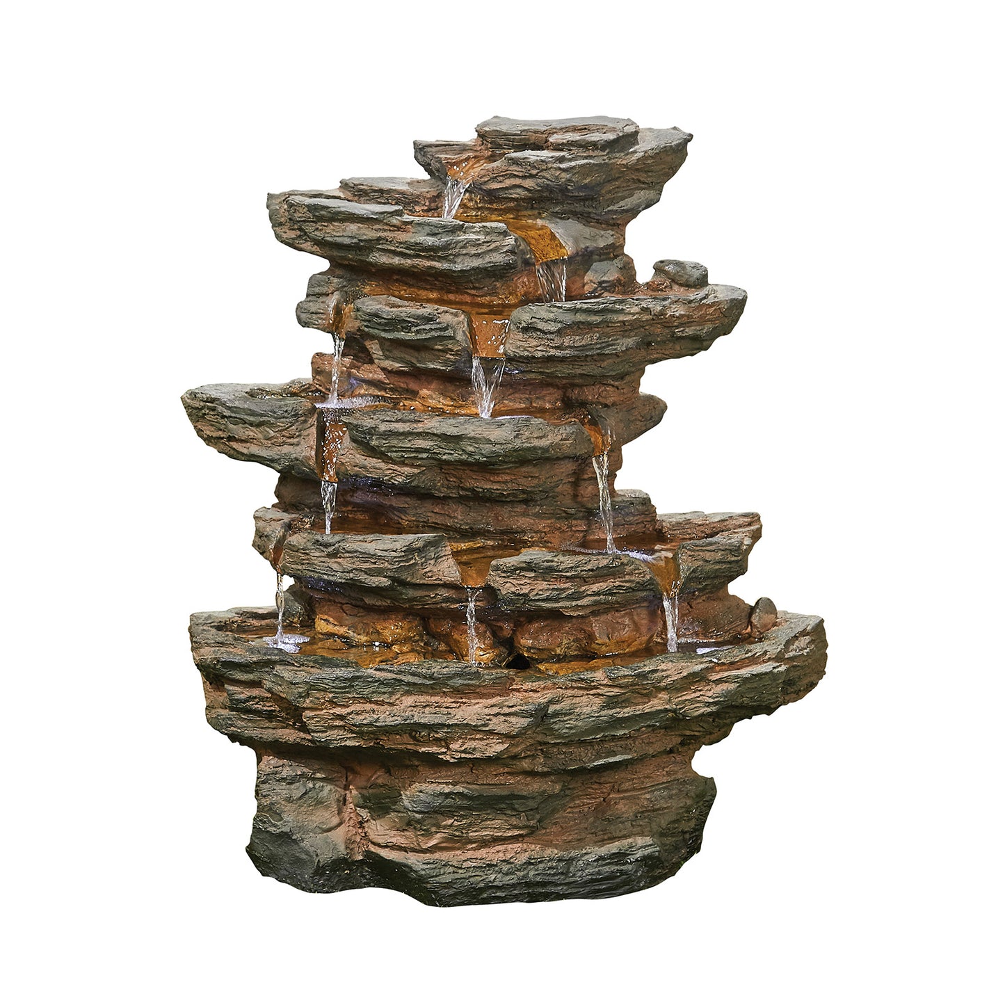 Introducing the Red Rock Springs inc LEDs by La Hacienda: This tiered stone fountain imitates natural rock formations, with cascading water accentuated by LED lights to enhance its beauty. This elegant water feature stands isolated against a pristine white background, reminiscent of the tranquil allure of natural springs.