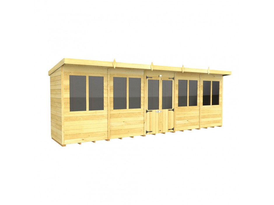 The Pent Summer House by ShedsDIY is a wooden shed with multiple windows and a central double door. Ideal for garden storage, this light-colored, weather-resistant structure features a flat roof and evenly spaced windows on both sides of the entrance.