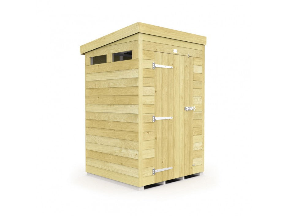 The ShedsDIY Pent Shed 4ft wide, featuring tongue and groove cladding, a flat roof, a metal-hinged door, and two small rectangular windows near the top, stands on a white background as an ideal garden storage building.