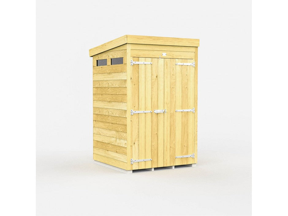 The ShedsDIY Pent Shed 4ft wide features a sleek sloped roof, double doors with metal hinges, tongue and groove cladded wooden panels, and a small window near the roof. It's set against a plain white background.