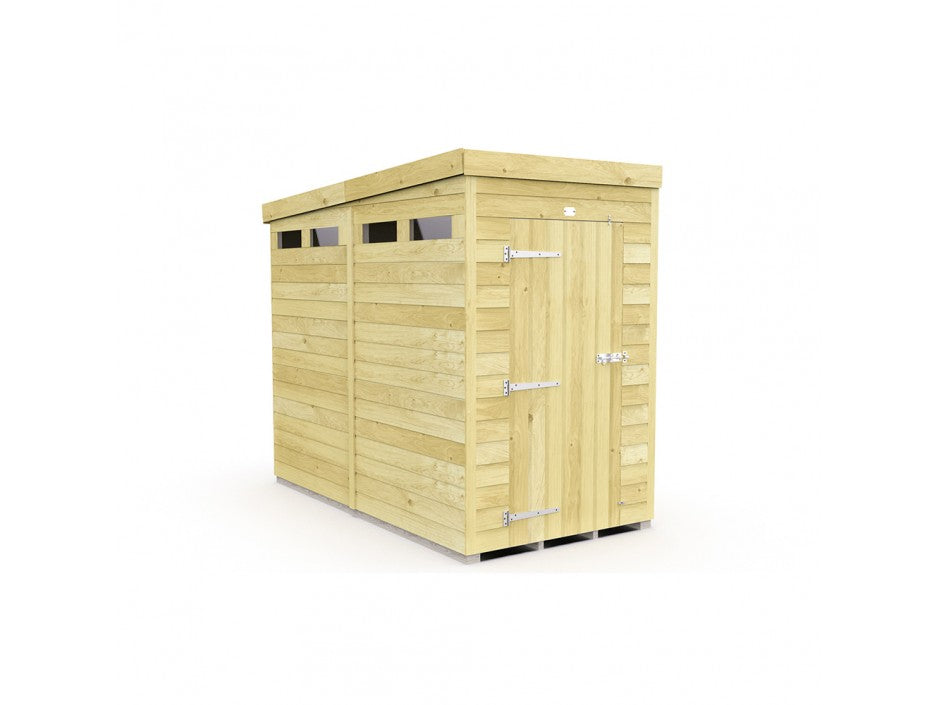 The ShedsDIY Pent Shed 8ft wide is a compact wooden shed with tongue and groove paneling, flat roof, single door with metal hinges and handle, three small windows along the top edge, and a light natural finish, making it perfect for garden storage.
