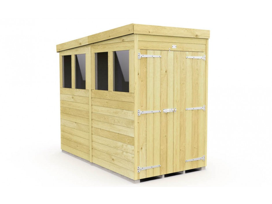The ShedsDIY Pent Shed 8ft wide provides excellent garden storage with its three rectangular windows and double doors. Crafted from light-colored tongue and groove wood panels, this elegant wooden shed features a flat roof, sturdy metal hinges, and fittings.