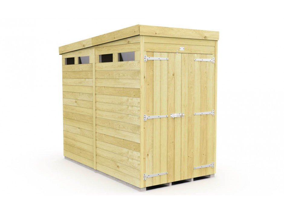 The ShedsDIY Pent Shed 8ft wide features a wooden design with horizontal slats, a flat roof, and double doors complete with visible hinges and handles. It includes small rectangular windows near the roofline and is presented against a plain white background.