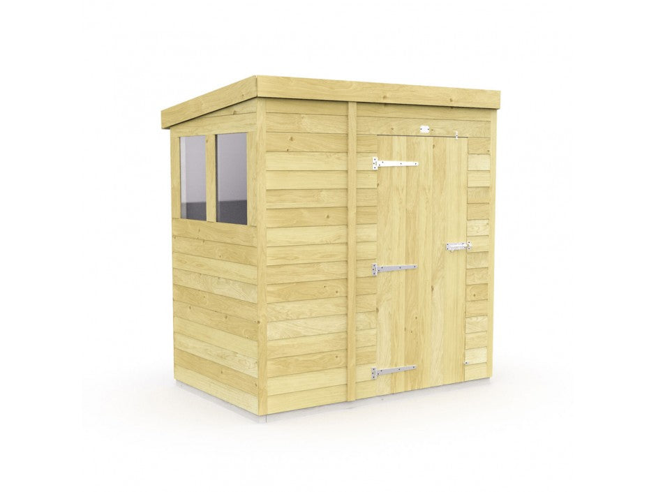 The ShedsDIY Pent Shed 4ft wide is a wooden garden storage building with a flat roof. It features tongue and groove cladded panels, a side window, and a hinged front door secured with metal hinges and a latch. The light-colored wood has horizontal planks for added charm.