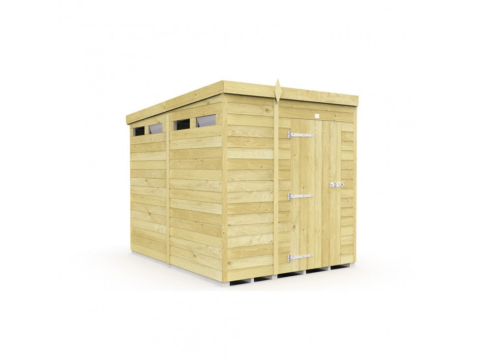 The ShedsDIY Pent Shed, 8ft wide, has tongue and groove siding, a flat roof, metal-hinged single door with handle, and three small horizontal windows. It's shown against a plain white background.