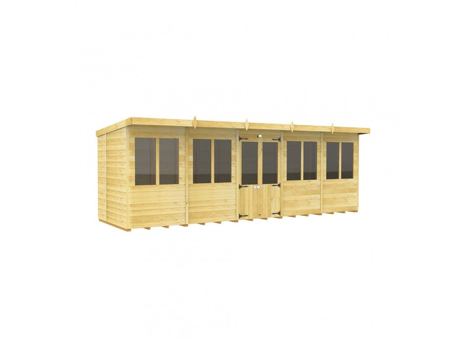 The Pent Summer House by ShedsDIY features multiple windows and a central door. This rectangular, flat-roofed garden structure is crafted from natural wooden panels with weather-resistant properties, perfect for outdoor enjoyment.