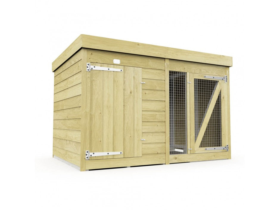 The ShedsDIY Dog Kennel, featuring a light brown wood structure and flat roof, serves as a perfect outdoor shelter. It offers a left-side closed section with a hinged door and a right-side open area with wood and mesh for improved ventilation.