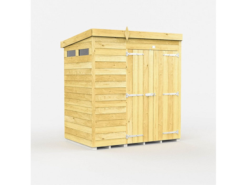 The Pent Shed 4ft wide by ShedsDIY is a compact wooden garden storage unit with a sloped roof, featuring vertical boarded doors, tongue and groove cladded panels, two small rectangular windows with silver hinges and fixtures, set against a plain white background.