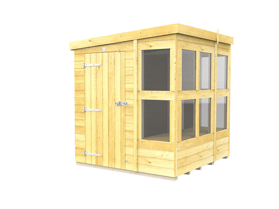 The Pent Potting Shed by ShedsDIY is weather-resistant with a sloped roof, large right-side windows for natural light, and a left-side door featuring metal hinges and latch. Its light wood finish and modern design make it an ideal potting shed.