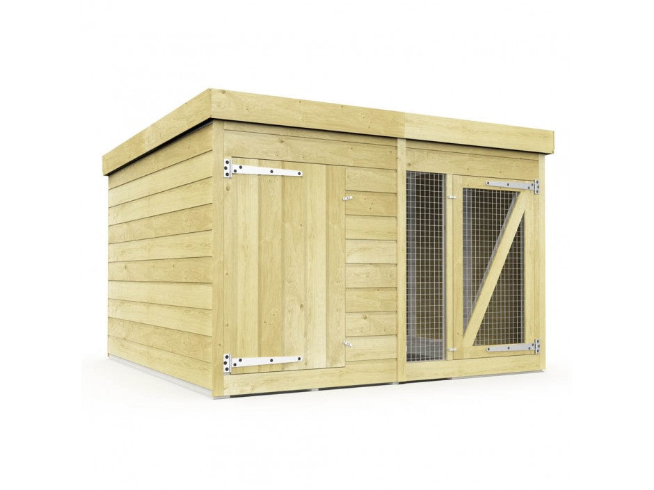 The ShedsDIY Dog Kennel is a perfect outdoor shelter, featuring a durable water-based treated finish. It has a flat roof, solid left door, and wire-mesh right door with sturdy hinges, offering clean lines and protection.
