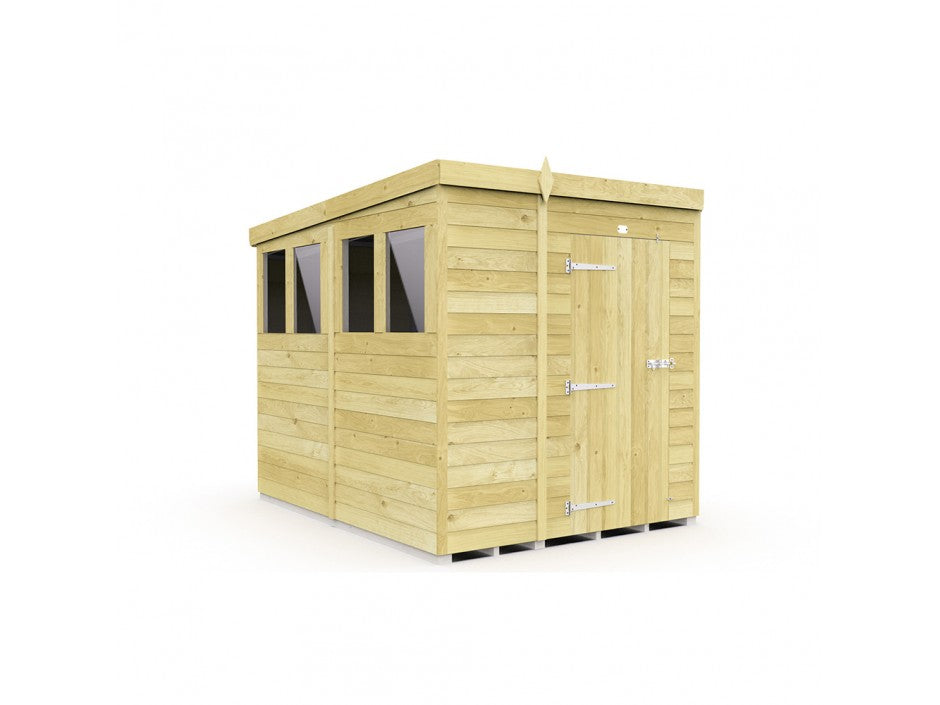 ShedsDIY's 8ft wide Pent Shed, crafted from light wood with tongue and groove panels, features a flat roof. It includes a right-side single door with metal hinges and handle, plus three left-side rectangular windows for natural light. Perfect for efficient garden storage on flat surfaces.