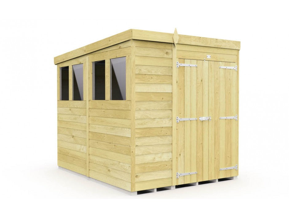 The ShedsDIY Pent Shed, 8ft wide, offers sturdy garden storage with tongue and groove wooden panels and a flat roof. It features three windows, double doors with metal hinges and a latch, all elegantly placed on a wooden platform.