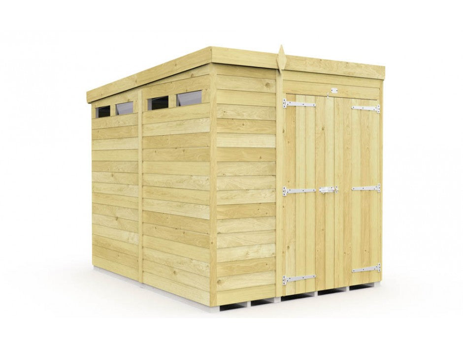 The ShedsDIY Pent Shed 8ft wide is perfect for garden storage, boasting a slanted roof, stylish light brown horizontal tongue and groove panels, double doors with metal hinges, three narrow top windows, and a sturdy raised base.