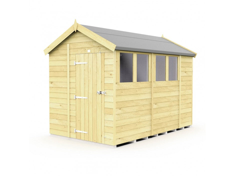 The ShedsDIY Apex Shed 7ft wide features a pitched roof, three side windows, and tongue and groove construction for charming garden storage. Its single door, with sturdy metal hinges and a latch, rests on a slightly elevated base for durability.
