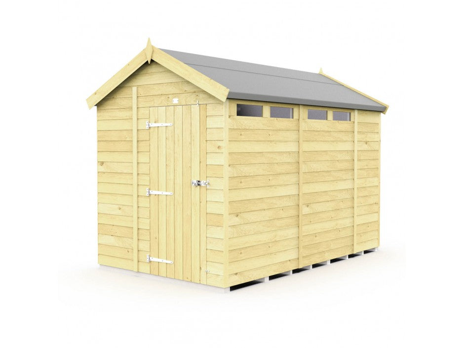 The Apex Shed 7ft wide by ShedsDIY features a gabled roof and closed door with metal hinges and latch, ideal for garden storage. It has tongue and groove construction, three rectangular windows near the roofline, a simple base, and a light natural wood finish.
