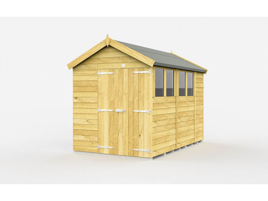 The ShedsDIY Apex Shed 7ft wide garden shed has a gable roof and tongue-and-groove design, featuring two side windows. The closed double doors at the front come with metal hinges and a latch, ideal for garden storage against its plain white backdrop.