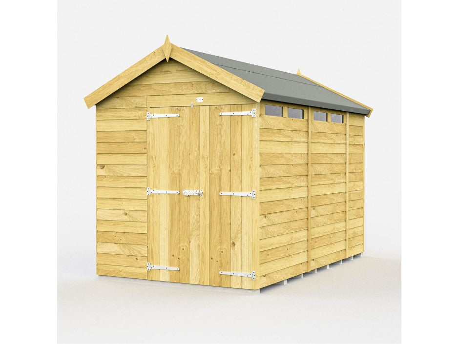 The ShedsDIY Apex Shed 7ft wide features a sloped roof, three small windows, and double doors with metal hinges for easy access. Made from light-colored tongue and groove wooden planks, it offers ample storage while blending style and functionality seamlessly.