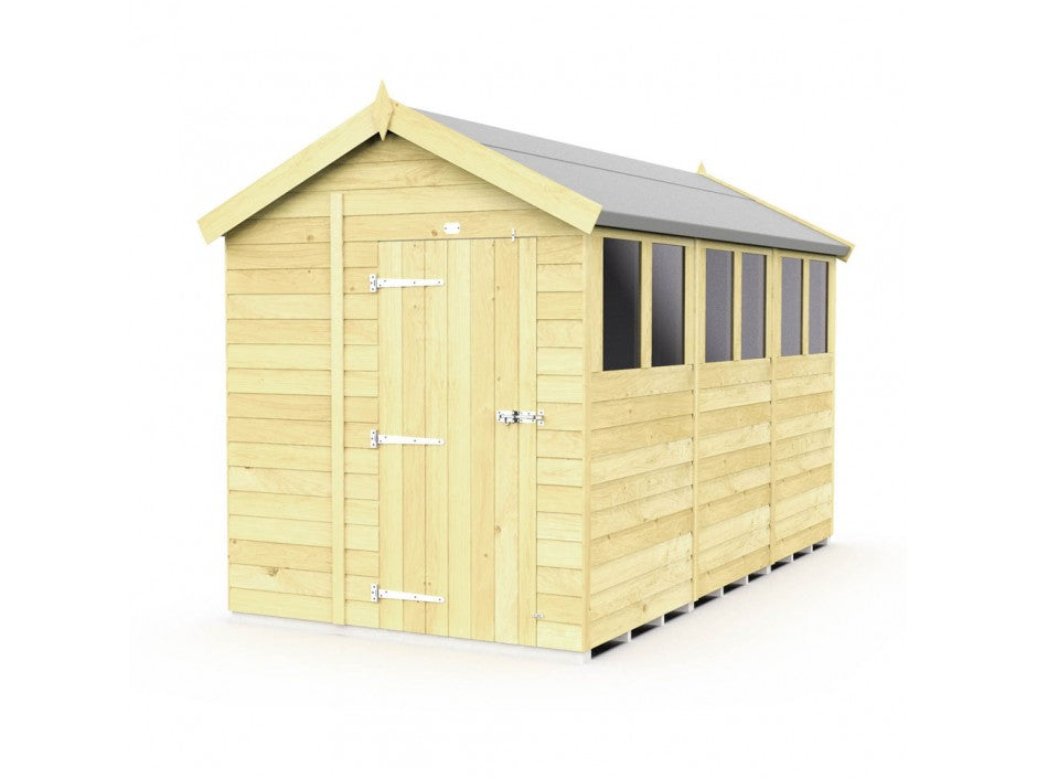 The ShedsDIY Apex Shed (7ft wide) with a pitched roof is highlighted, featuring a door with metal hinges and a latch, multiple rectangular windows on one side, and a robust tongue and groove design for garden storage. The shed is set against a plain white backdrop.
